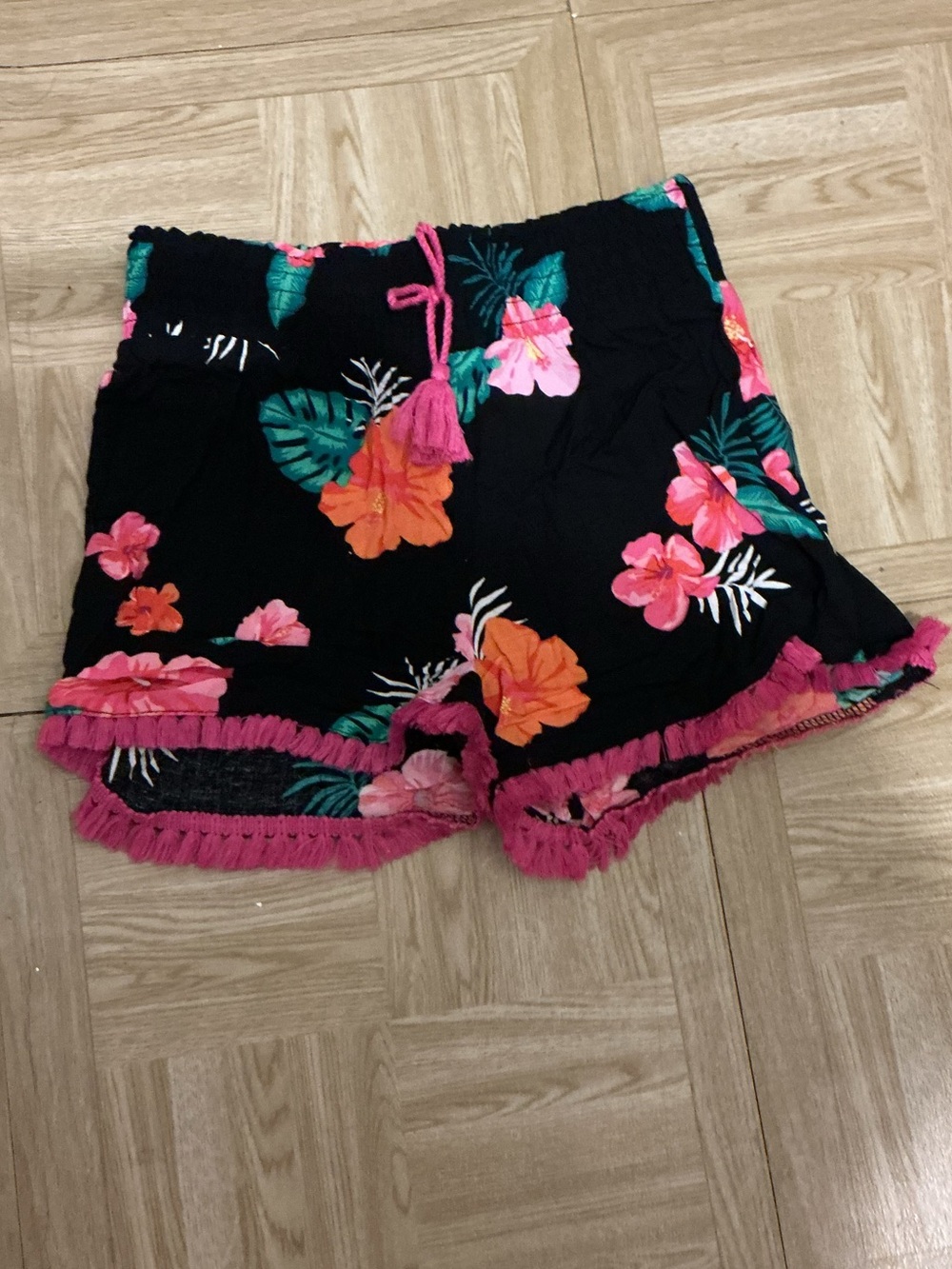 wonder nation Black Floral Shorts with Pink and Teal Accents